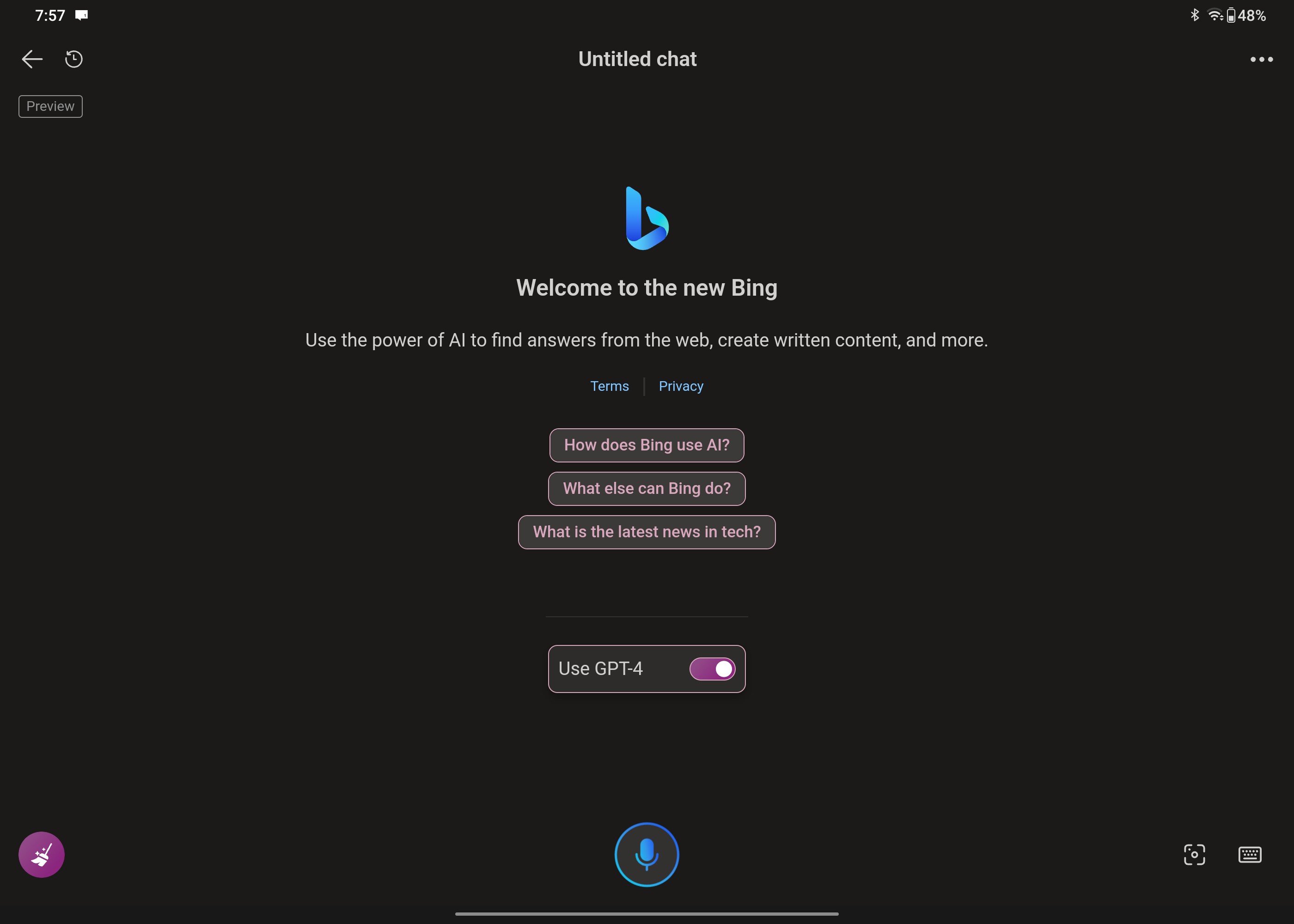 behavior of bing app's chat [ gpt4 based ] behavior on oneplus pad