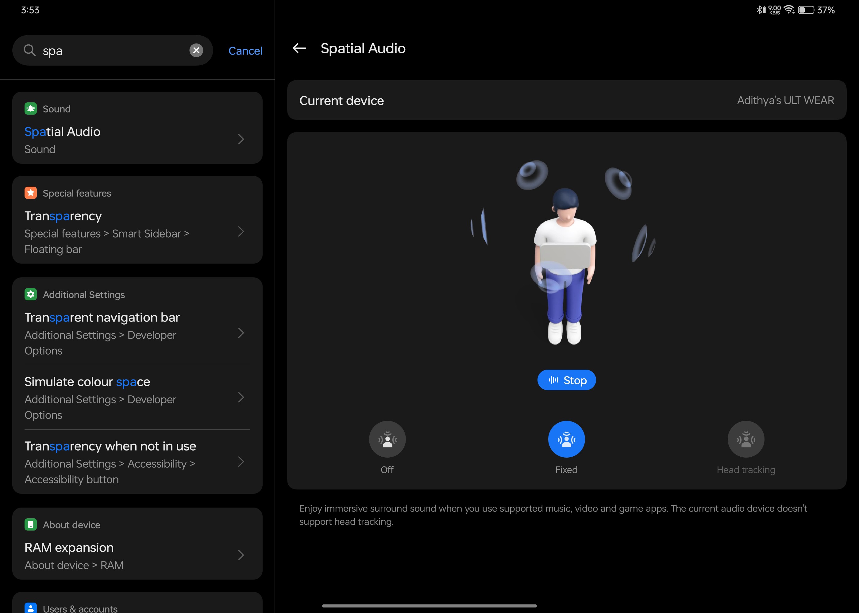 Spatial audio not showing head tracking feature for Sony ult
