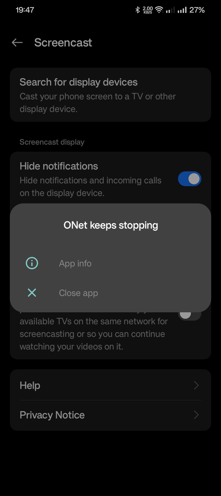 Screencast bug ONet crash