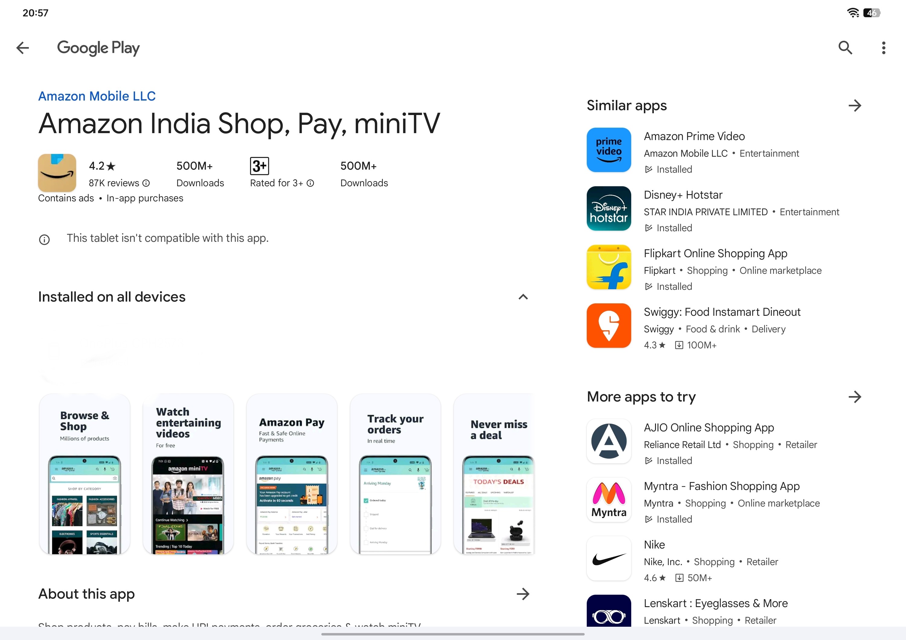 Unable to install the Amazon online shopping app