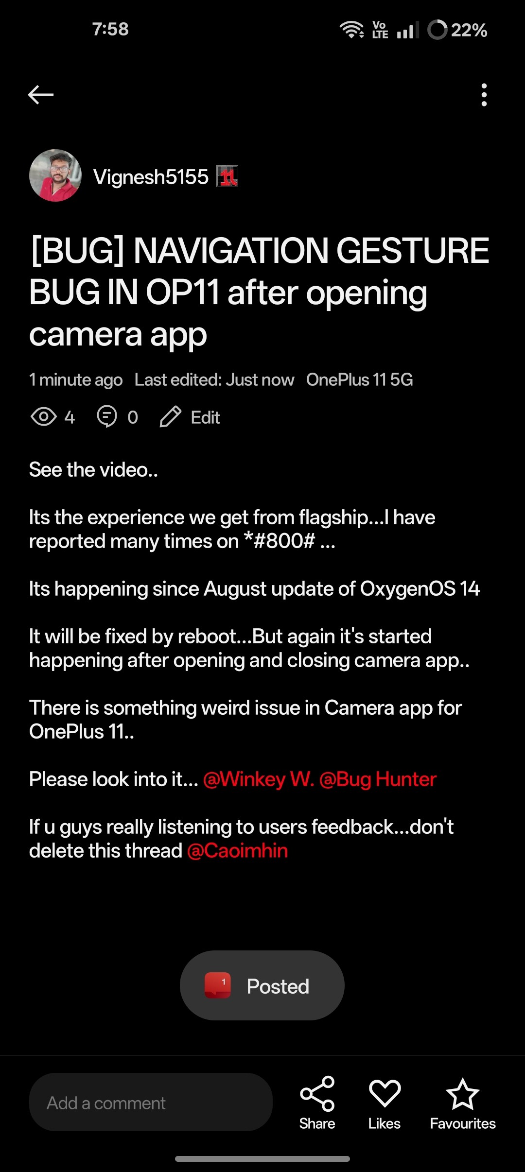 [BUG] Navigation Gesture Bug...After opening camera app in OP11