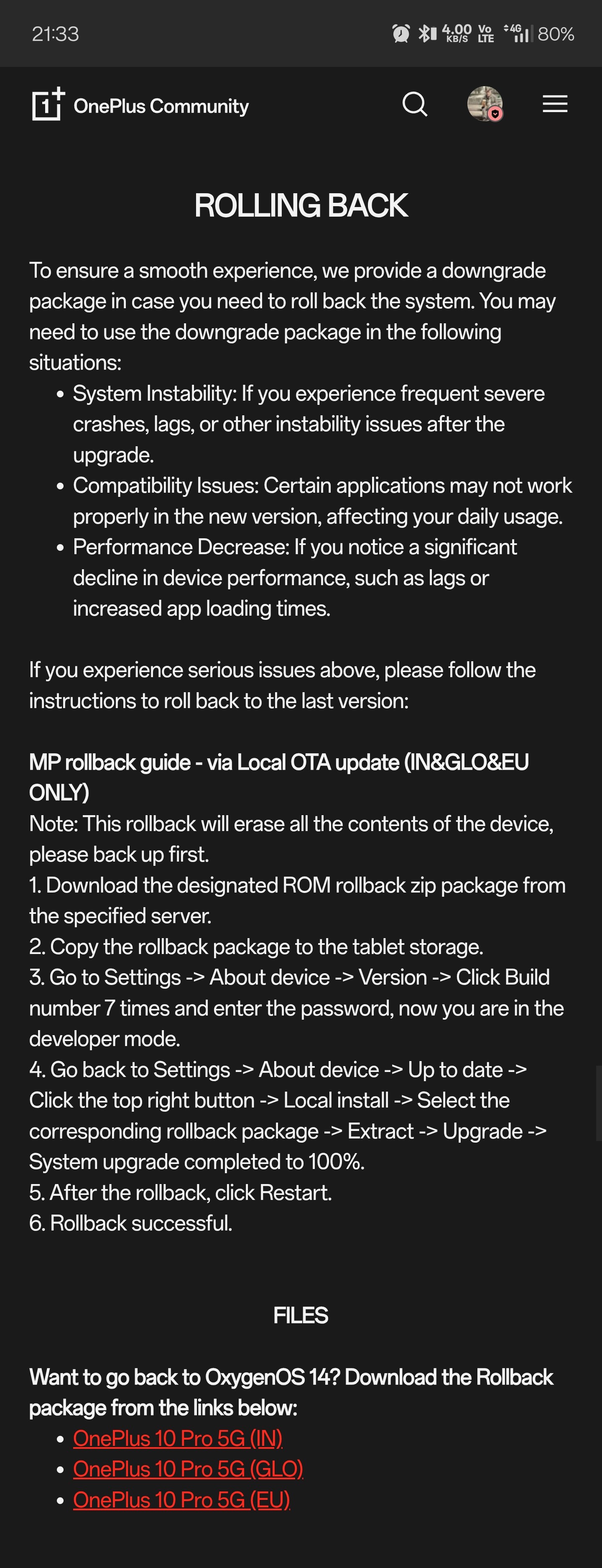 Roll back Oneplus 10pro 5G