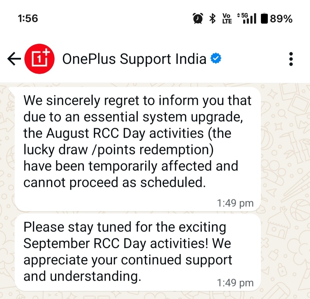 One Plus Rcc Card RCC Day August & September