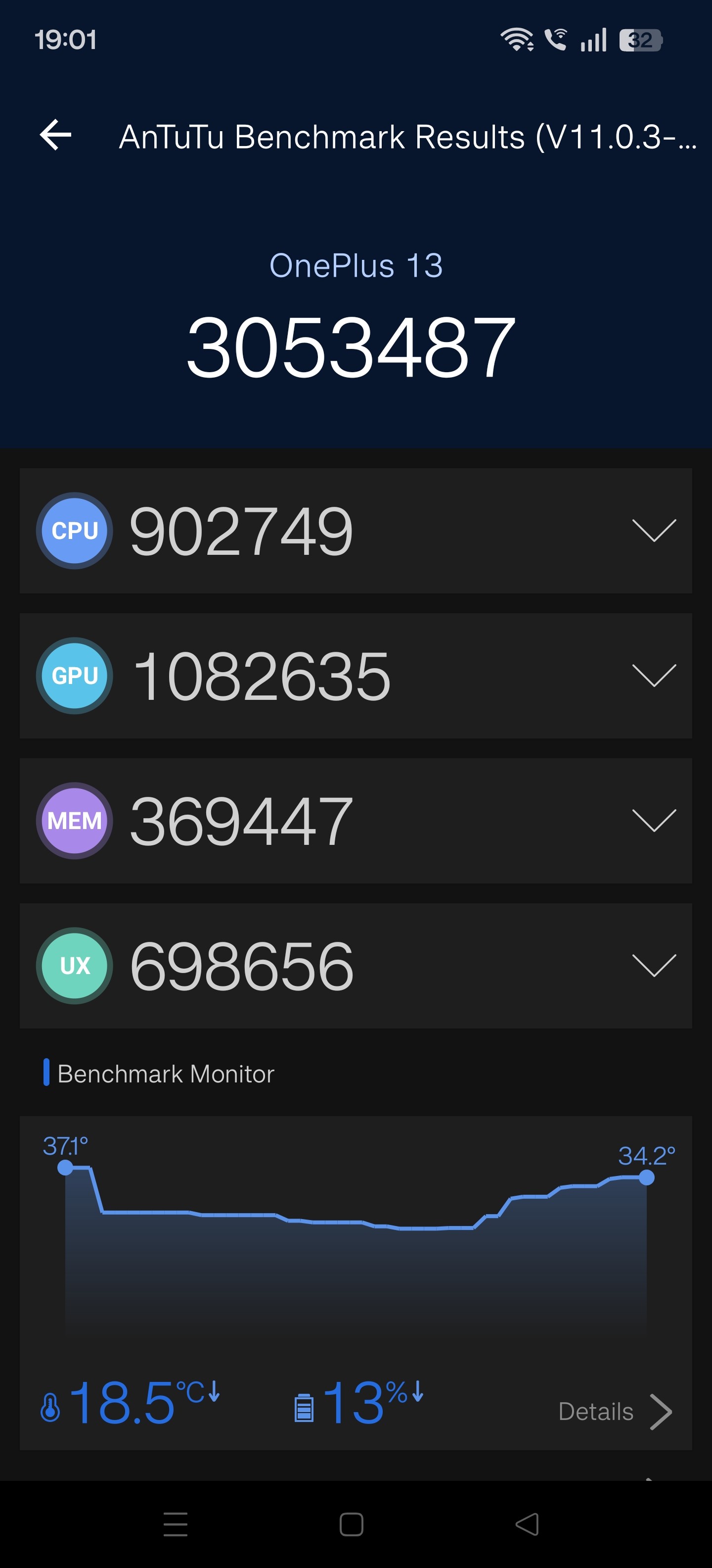 Antutu benchmark of oneplus 13 on oxygen os 16
