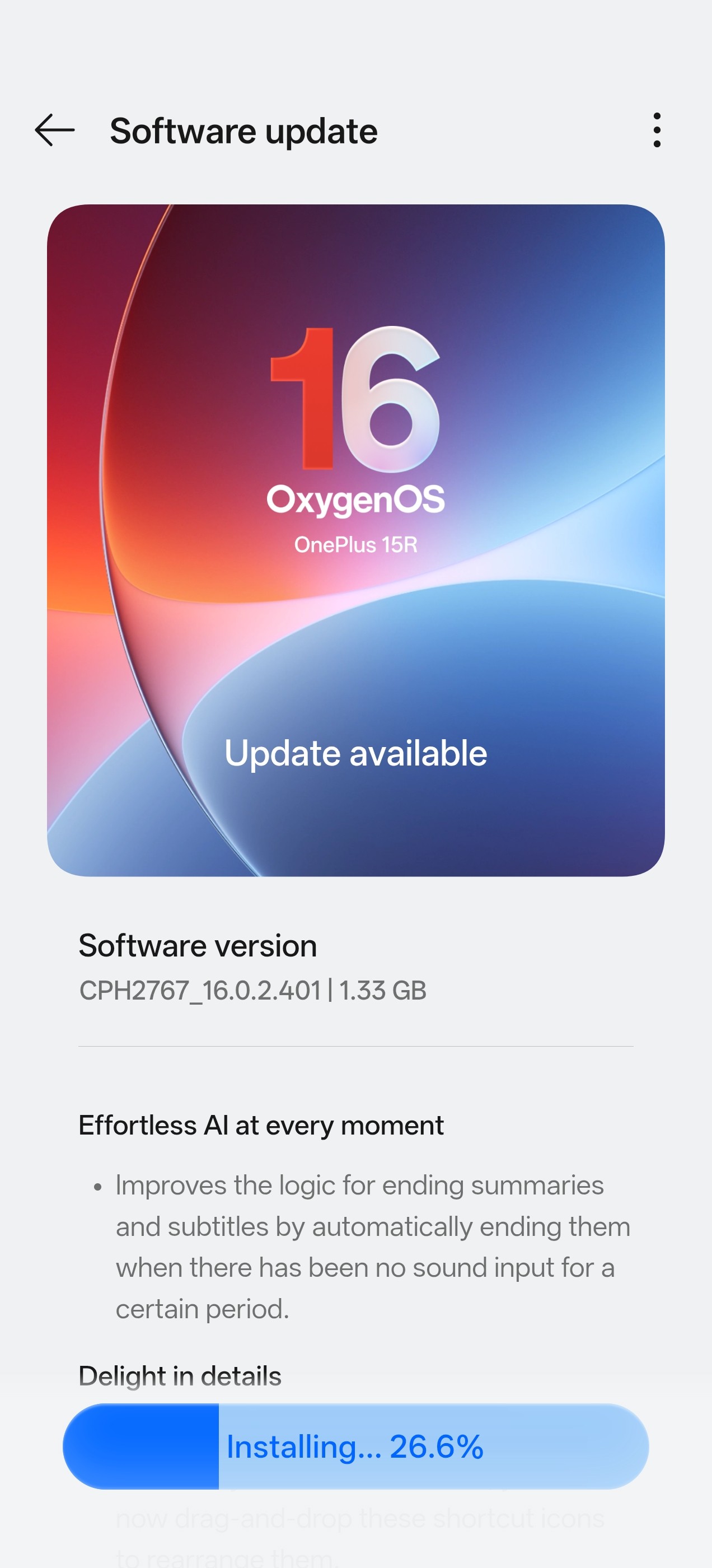 Just got 16.0.2.401 update for OnePlus 15R (India)